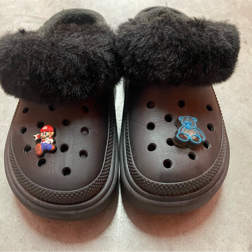 Black Fur Crocs with Charms